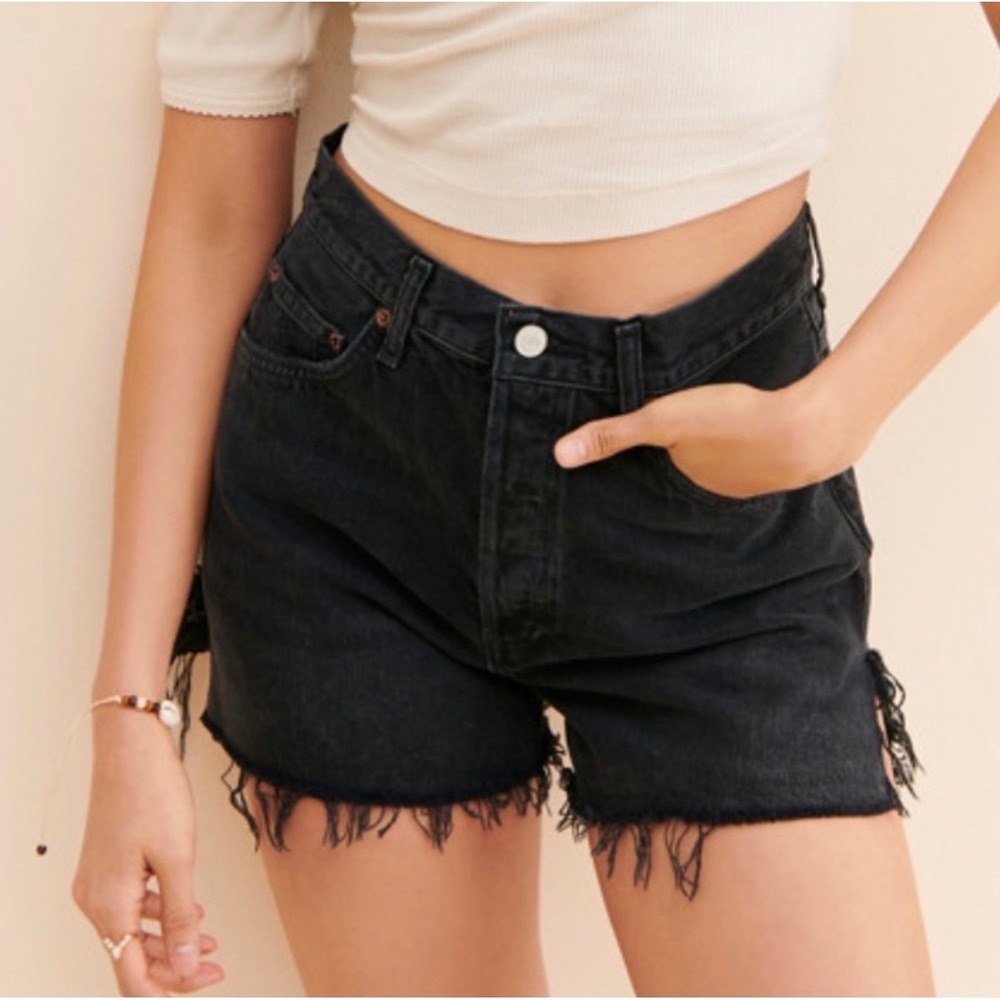 Agolde Dee High Rise Denim Shorts Black Distressed Frayed Raw Hem - 27